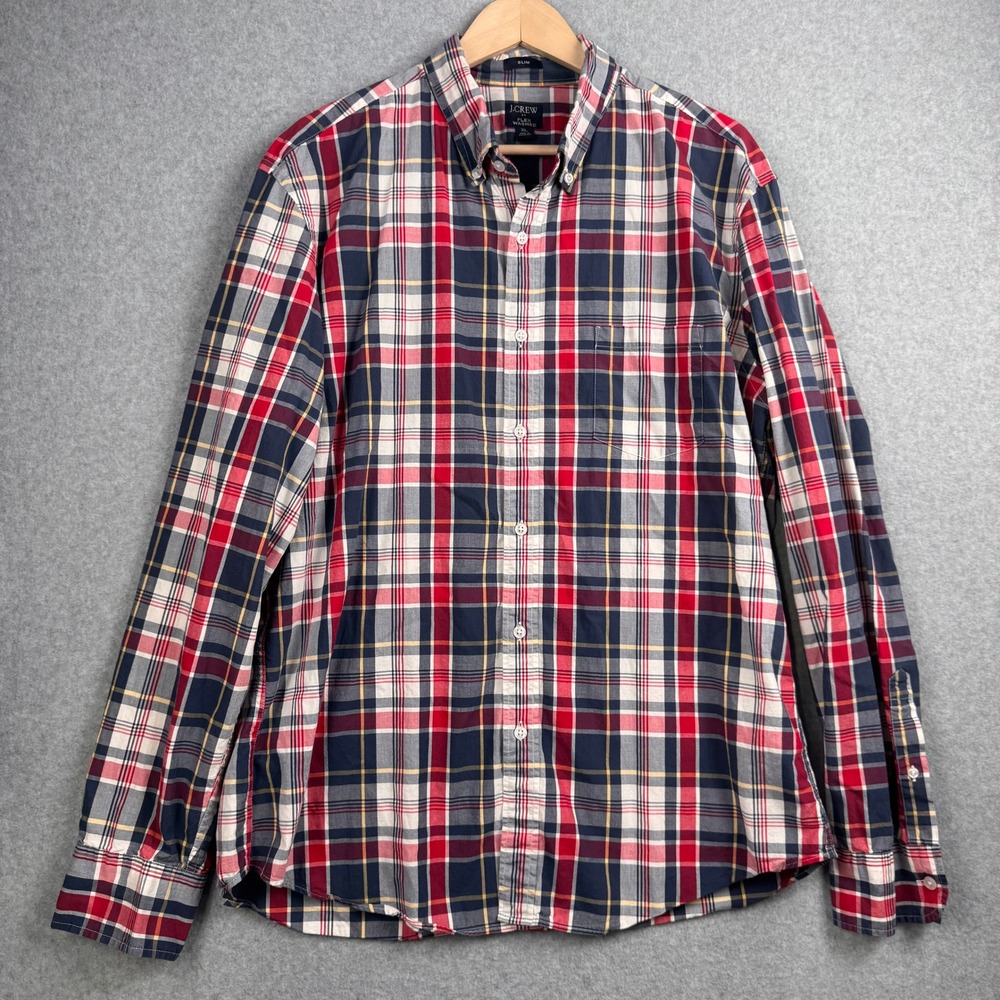 J Crew Shirt Mens XL Slim Red Blue Plaid Flex Washed Long Sleeve Button Up‎ Fall - Picture 2 of 8